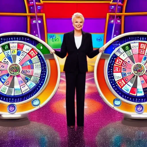 Prompt: broadcast still of wheel of fortune board with 4 empty spaces