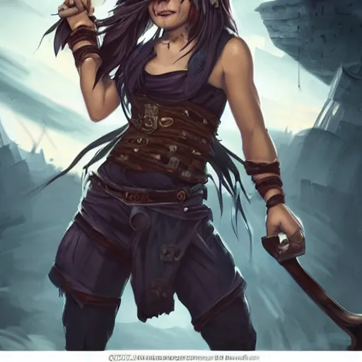 Image similar to a strong pirate woman in a sleeveless vest, angry, black lines running up her arms, grieving, storm in the background, long dark hair, wielding a shadowy axe, character art, full body art, Dungeons and Dragons, D&D, trending on artstation, artgerm, 4k ultra hd, sharp focus, digital art by Ilya Kuvshinov and Ross Tran,