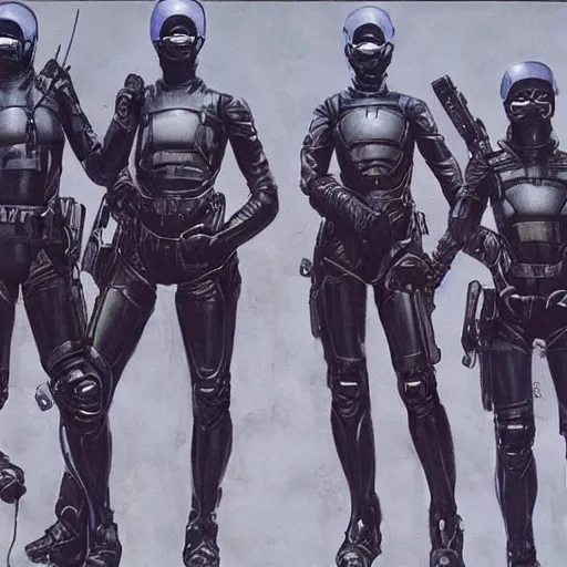 Image similar to all - female tactical scifi team, by wayne barlowe