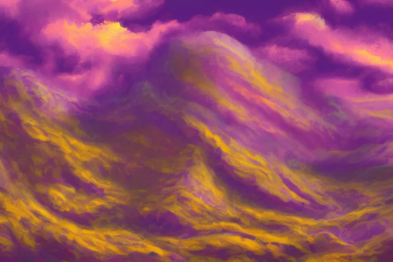 Prompt: purple paisley mountains, yellow sky, artstation, highly detailed, digital painting, concept art, sharp focus, illustration