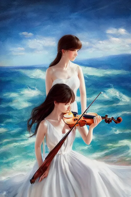 Image similar to a beautiful girl playing violin in a white dress over the ocean magic, by wlop, artgerm