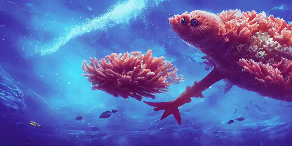 Image similar to photo of an extremely cute alien fish swimming an alien habitable underwater planet, coral reefs, dream-like atmosphere, water, plants, peaceful, serenity, calm ocean, tansparent water, reefs, fish, coral, inner peace, awareness, silence, nature, evolution, wide angle, super highly detailed, professional digital painting, artstation, concept art, smooth, sharp focus, no blur, no dof, extreme illustration, Unreal Engine 5, Photorealism, HD quality, 8k resolution, cinema 4d, 3D, beautiful, cinematic, art by artgerm and greg rutkowski and alphonse mucha and loish and WLOP