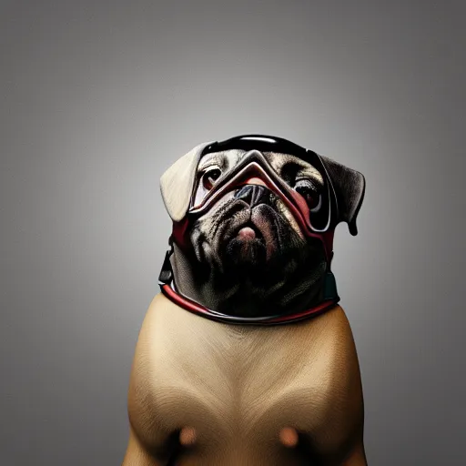 Image similar to 3 d rendered hyper realistic hyper detailed pug wearing a shiny leather gimp mask with zippers covering its face, octane render, blender, 8 k