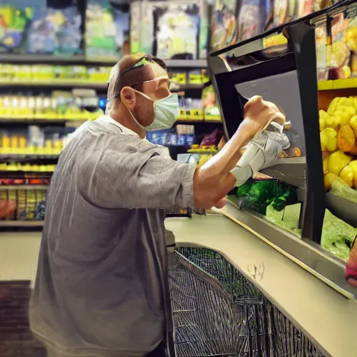 Image similar to a masked man at a self checkout stealing one banana, theft at grocery store, walking out with one banana, banana in hand, trending on artstation, depth field, unreal engine, cinematic, hyper realism, high detail, octane cinema 4 d render, a 2 4 cinematography, 8 k