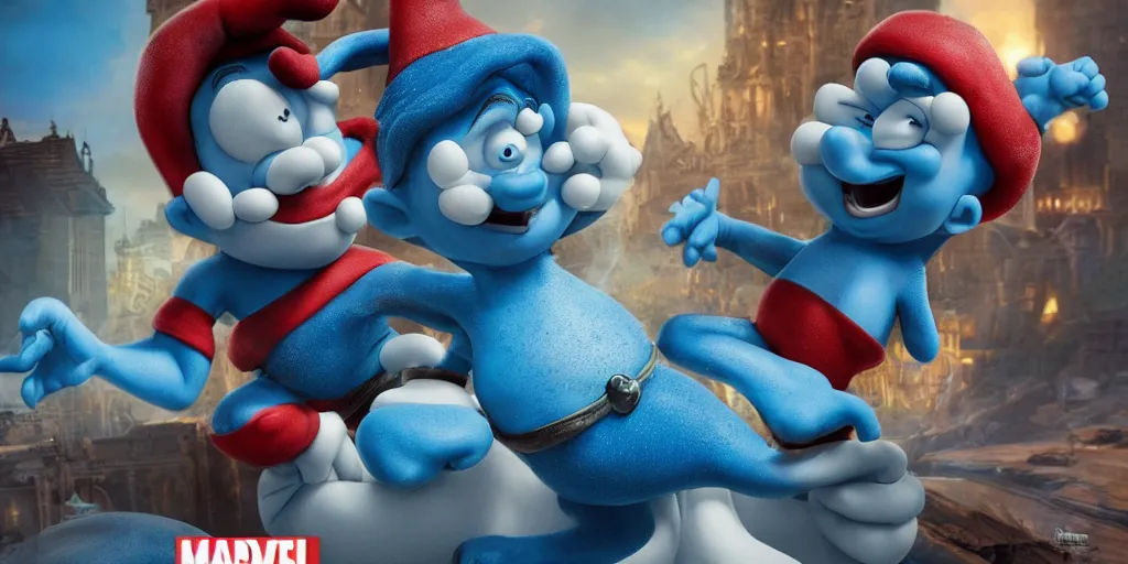 Prompt: a houdini octane render from the the smurfs and gargamel as marvel characters, by waya steurbaut entertainment, dark, intricate, highly detailed, smooth, artstation, high resolution film render 100k, photo realistic, epic, colourful, close up shot, 3D