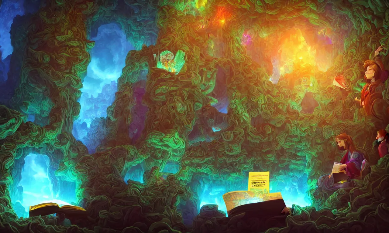 Image similar to large kerberos realm, faked ticket close up, wizard reading a directory, colorful ravine, 3 d art, digital illustration, perfect lighting