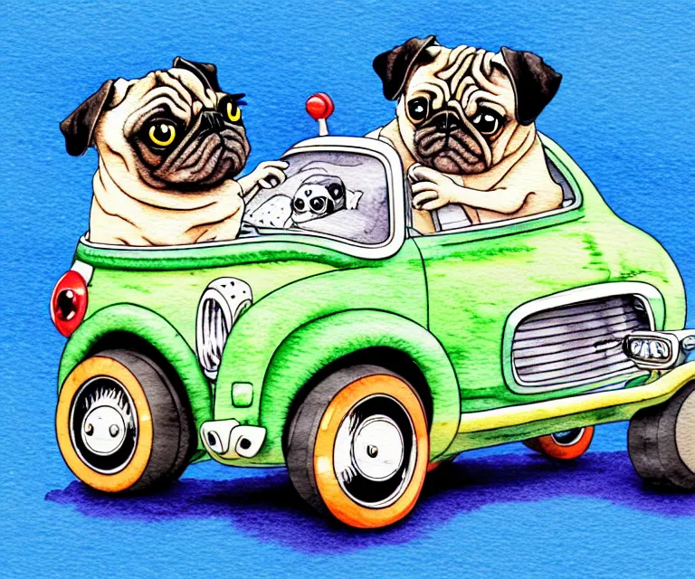 Image similar to cute and funny, pug riding in a tiny hot rod with oversized engine, ratfink style by ed roth, centered award winning watercolor pen illustration, isometric illustration by chihiro iwasaki, edited by range murata, tiny details by watercolor girl, symmetrically isometrically centered