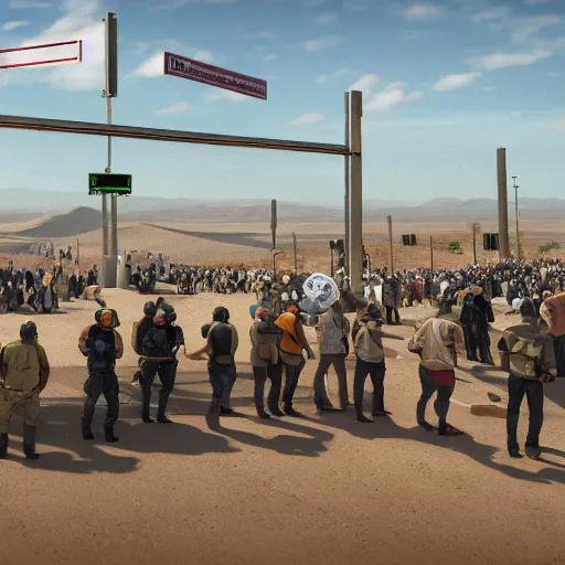 Prompt: large crowd locked down stopped put down | locked down government security facility military gate | in the hot desert trending on artstation digital paint 4 k render