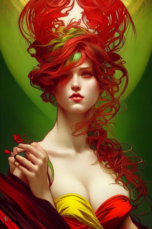 Prompt: green red yellow, dark fantasy, intricate, elegant, highly detailed, digital painting, artstation, concept art, matte, sharp focus, illustration, art by artgerm and alphonse mucha