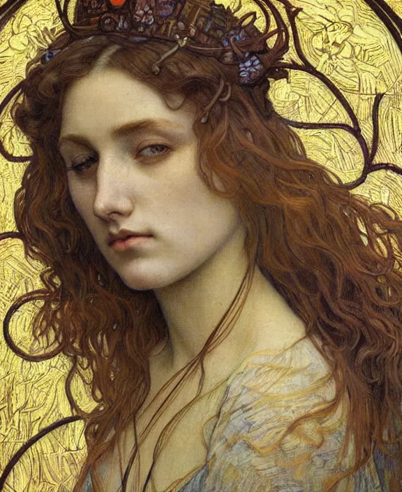 Image similar to detailed realistic beautiful young medieval queen face portrait by jean delville, alphonse mucha, vincent van gogh, and marco mazzoni, art nouveau, symbolist, visionary, gothic, pre - raphaelite