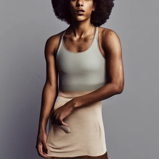 Image similar to realistic photoshooting for a new nike lookbook color film photography portrait of a beautiful woman model wearing a taupe pelagia tank top, photo in style of tyler mitchell