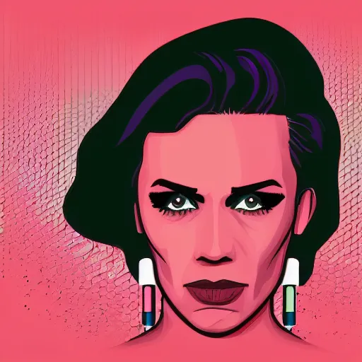 Prompt: a portrait of a handsome butch woman, in retro colors, synthwave style, 2 d digital vector art