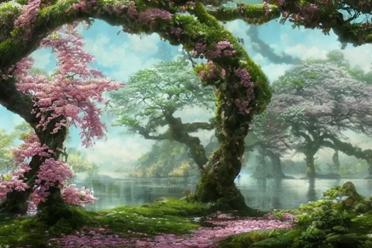 Image similar to highly detailed concept art of a sakura plum tree made with water, overgrowth, Artgerm, Ferdinand Knab, Makoto Shinkai