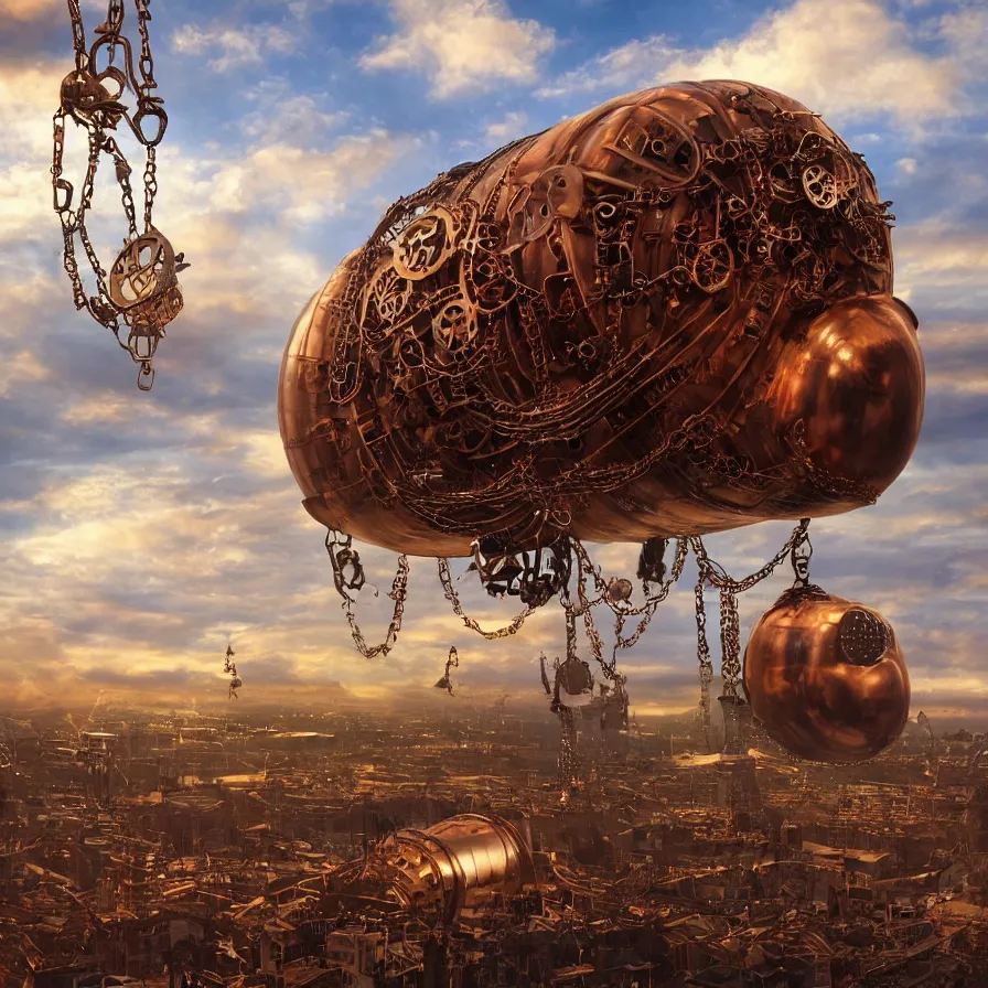 Image similar to steampunk blimp high in the sky, clouds, copper cogwheels, cogwheels, copper pipes, steam, dense, valves, pipes, vents, copper chains, golden hour, golden sun, fantasy world, award winning photography, 8 k, highly detailed