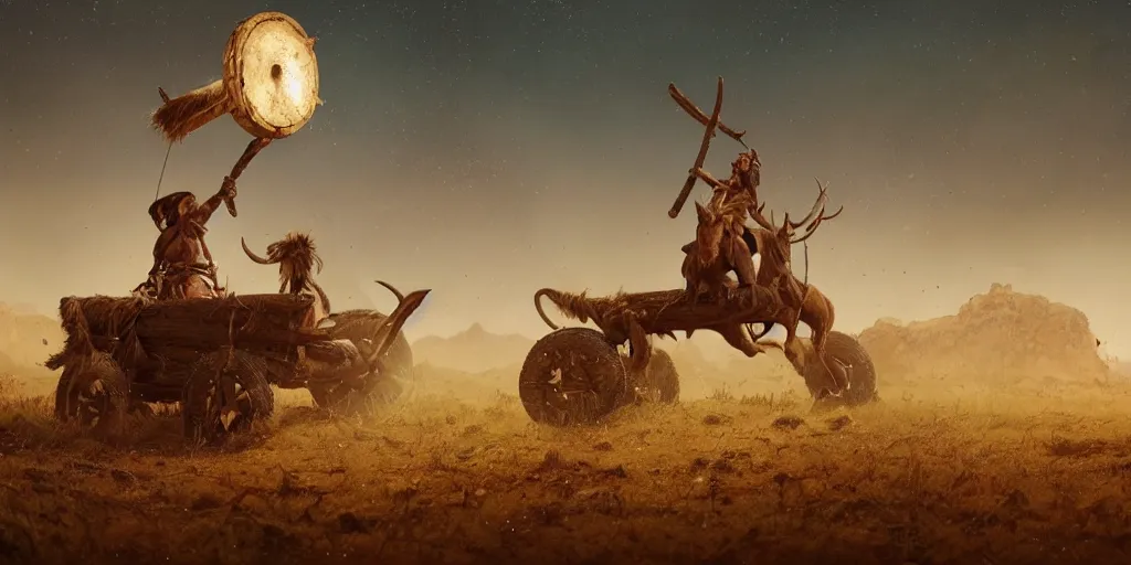 Image similar to photo of an ancient tribesman on ancient atv with big wooden wheels, hunting perfect buffalo ,attacking, wild chase, action scene, an epic fantasy, dramatic lighting, cinematic, establishing shot, extremely high detail, photorealistic, cinematic lighting, artstation, octane render, by simon stalenhag, horizon forbidden west,old photo, high speed photography, vintage