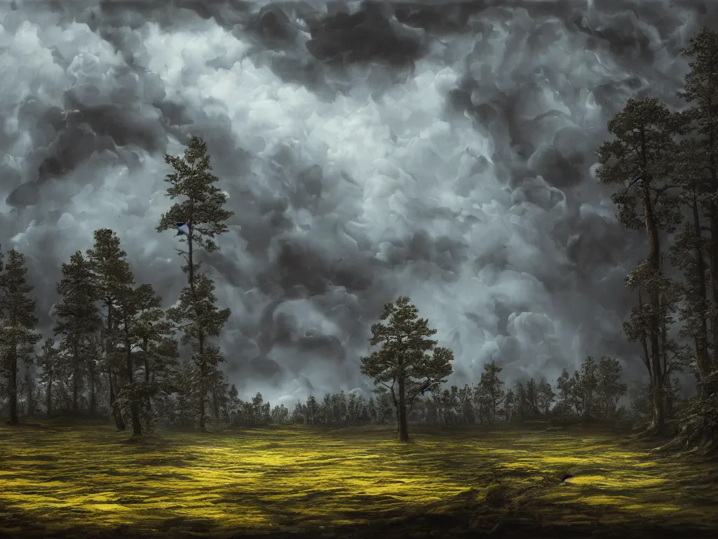 Image similar to detailed landscape, forests. very detailed dark super storm, hyper realistic clouds, impressive, magical, very atmospheric, smoke boiling, cinematic, deep, very high complexity, stunning, masterpiece, chiaroscuro, in the style of david holland and laura den hertog and michael creese, very detailed. 4 k