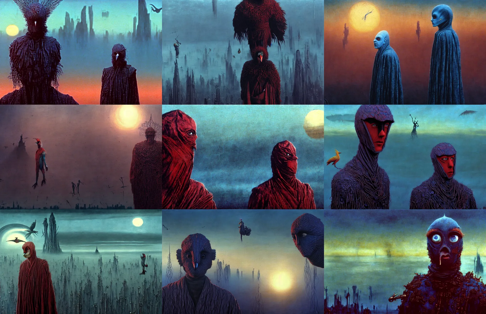 Prompt: extremely detailed portrait film shot of a birdman wearing dark ragged robes, scifi city sunrise landscape background by denis villeneuve, amano, yves tanguy, ernst haeckel, max ernst, roger dean, dramatic closeup composition, rich moody colours, blue eyes