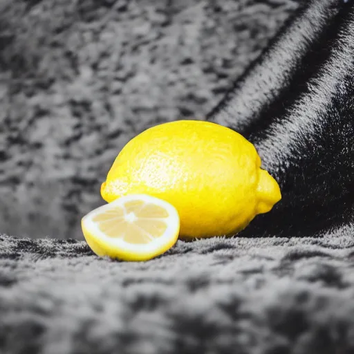 Prompt: a lemon, laying on black fur, photography