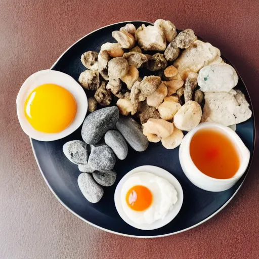 Prompt: a photo of a breakfast made of rocks