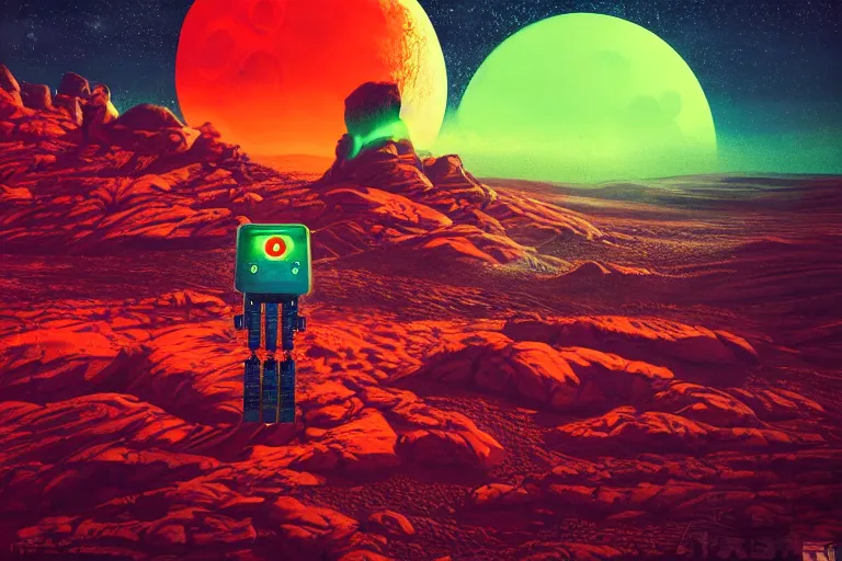 Image similar to a robot standing on mars in the style of flooko, acrylic art, detailed, moonlight, red lighting, bokeh, synthwave, psychedelic, glitch, neon,