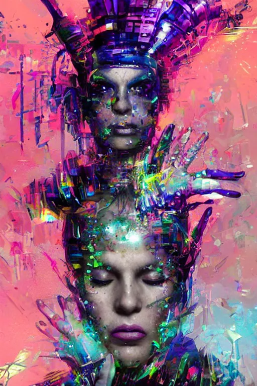 Prompt: portrait, headshot, digital painting, an delightfully mad techno - shaman lady, closed eyes, synthwave, glitter, glitch, refraction, fracture, realistic, hyperdetailed, chiaroscuro, concept art, painterly, art by john berkey