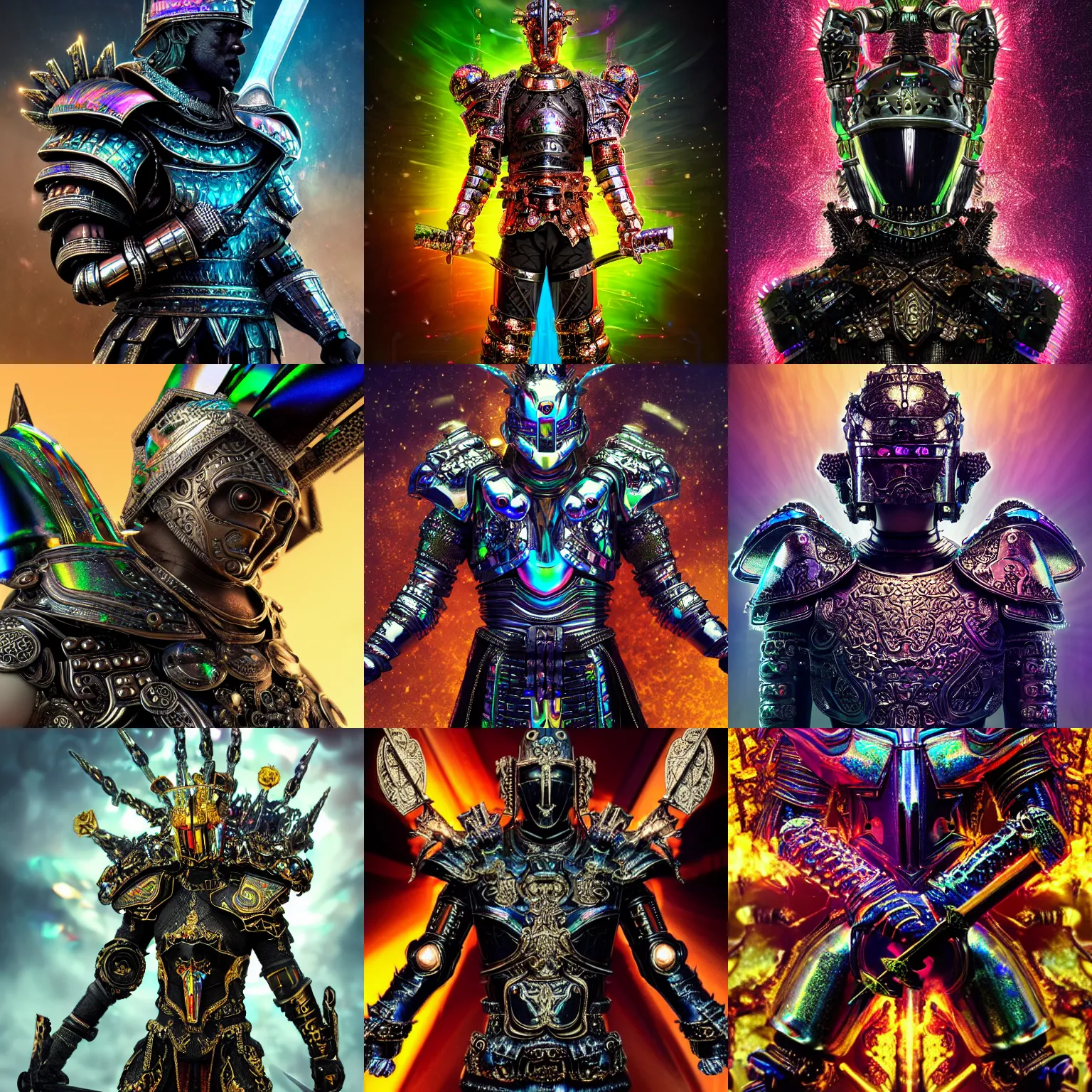 Prompt: God of all warriors wearing black powerful iridescent armor encrusted in tiny iridescent microchips and transistors and iridescent cybernetic processors, extreme detail, artstation, wide angle, brandishing a powerful sword, colorful vivid octane render, award winning artwork on artstation, realistic complex baroque composition
