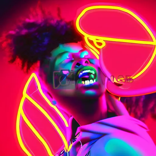 Image similar to beautiful black woman rapping into microphone, wild crowd, hip hop vaporwave, abstract background, neon, photo, detailed, 4k