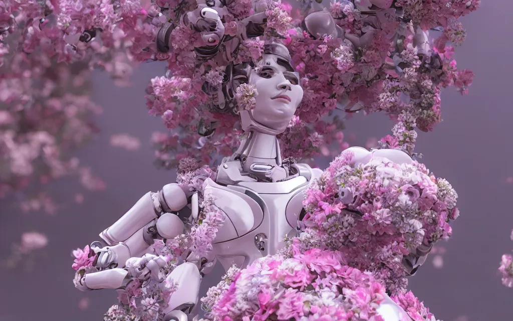 Prompt: a beautiful robot goddess wearing a luxury ball gown adorned with flowers, ultra realistic, 3 d, 8 k, ultra detailed