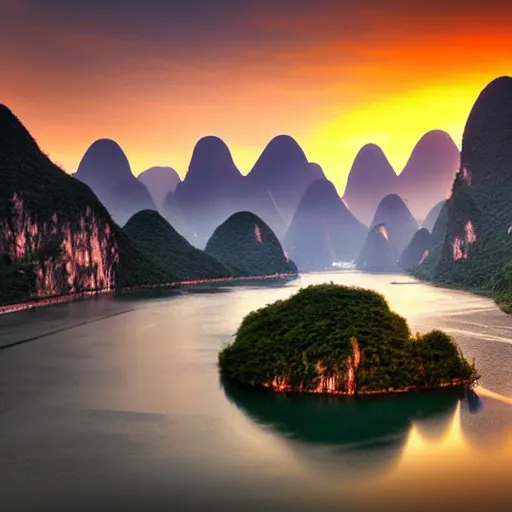 Image similar to a beautiful HDR photograph of the Li River in Southern China at sunset, saturated orange tone, award-winning photograph