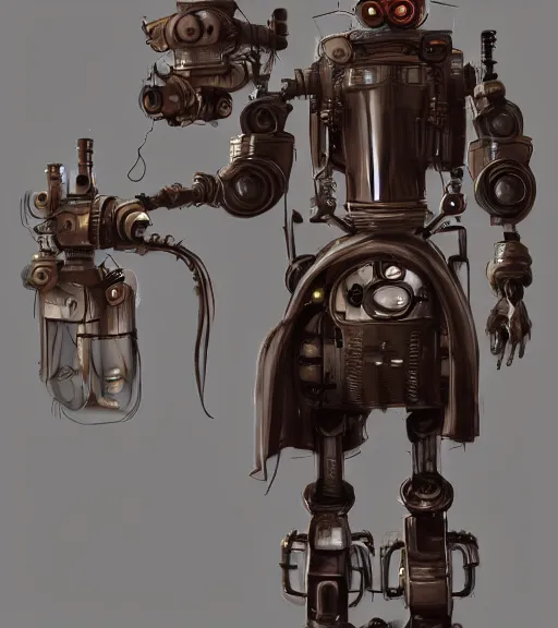 Image similar to a robot wearing a steampunk outfit, full body shot, highly detailed, digital painting, artstation, concept art, smooth, sharp focus, illustration