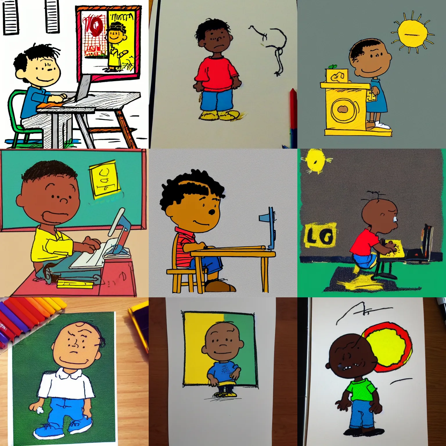 Prompt: a cute simple kid's crayon illustration of a young lagos urban 👦🏿 boy working at his home computer in his modern office bedroom, artstation, in the style of peanuts by charles m. schulz, by rossdraws and artgerm and studio ghibli and basquiat, masterpiece, hd, award winning, white background, red green yellow color scheme
