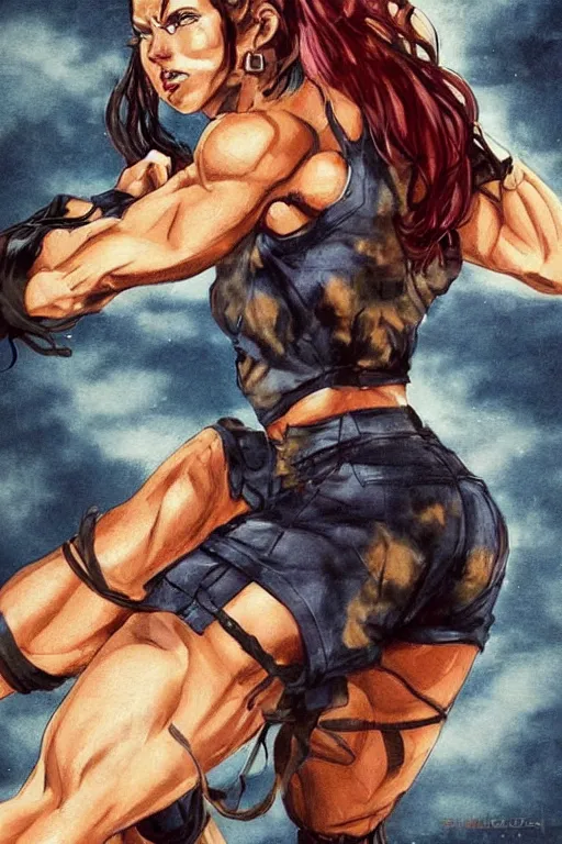 Prompt: a hyper muscular woman, bronze - skinned, blue - eyes, wearing a black cropped tank top, military pants, brown boots, wrapped arms, wavy big red hair, 8 0's hairstyle, tiger spots over the face, red lips, action pose, art by tetsuo hara, trending on art station, illustration, action scene, full body