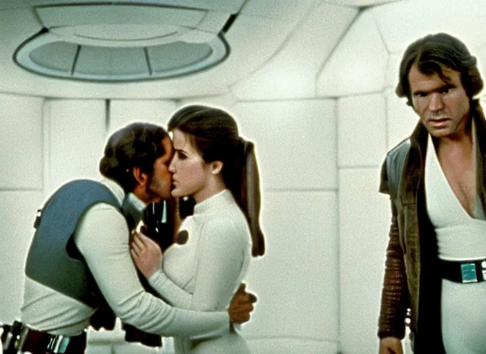 Image similar to screenshot of Han Solo kissing Princess Leia Organa, alone,, iconic scene from 1970s Star Wars film directed by Stanley Kubrick, in a sci fi nursing home architecture, last jedi, 4k HD, cinematic still frame, photoreal, beautiful portraits, moody lighting, stunning cinematography, anamorphic lenses, kodak color film stock