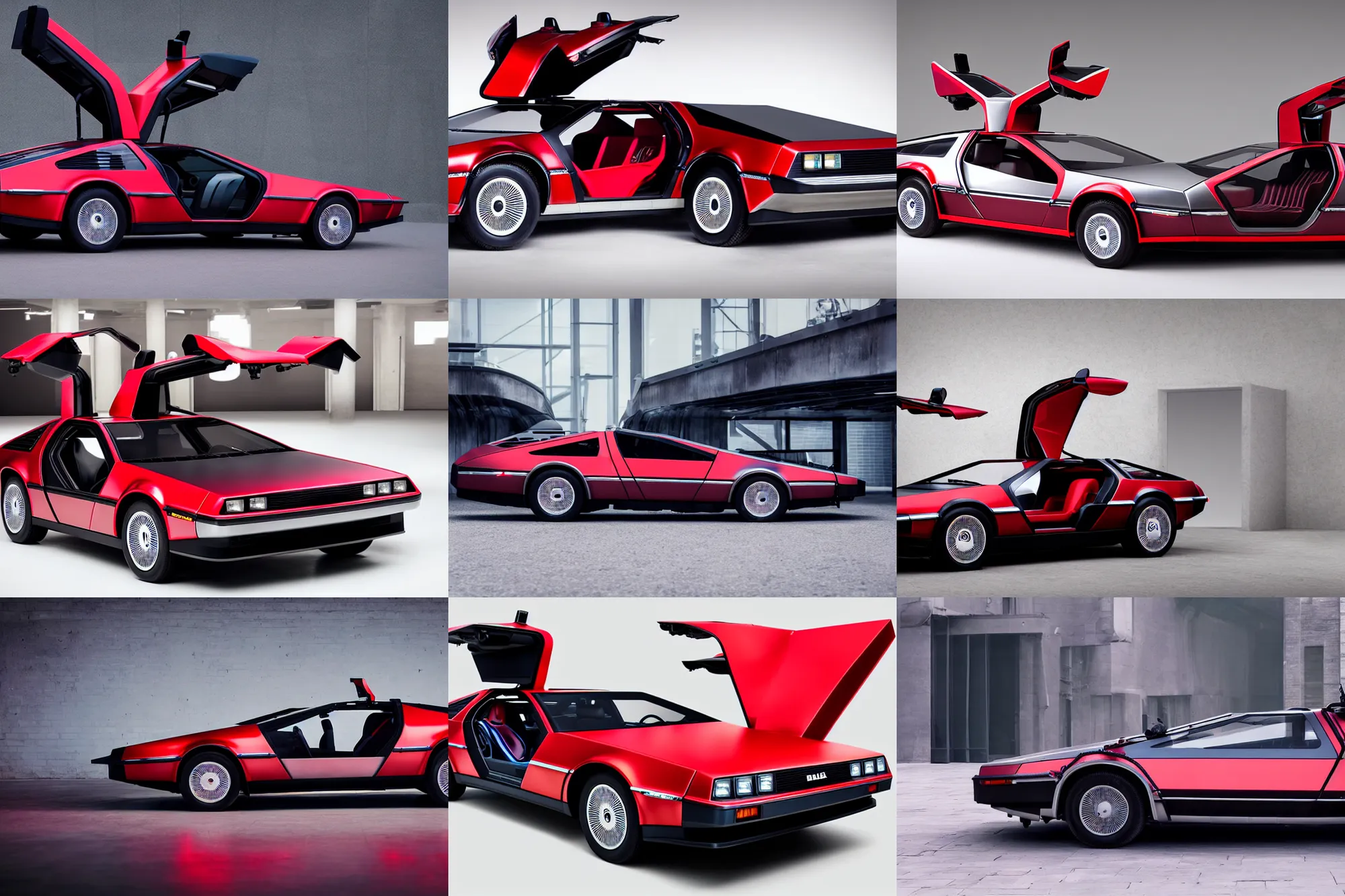 Prompt: delorean futuristic concept car, ruby red with black highlights, gull - wing doors open, professional showroom photography, ambient lighting