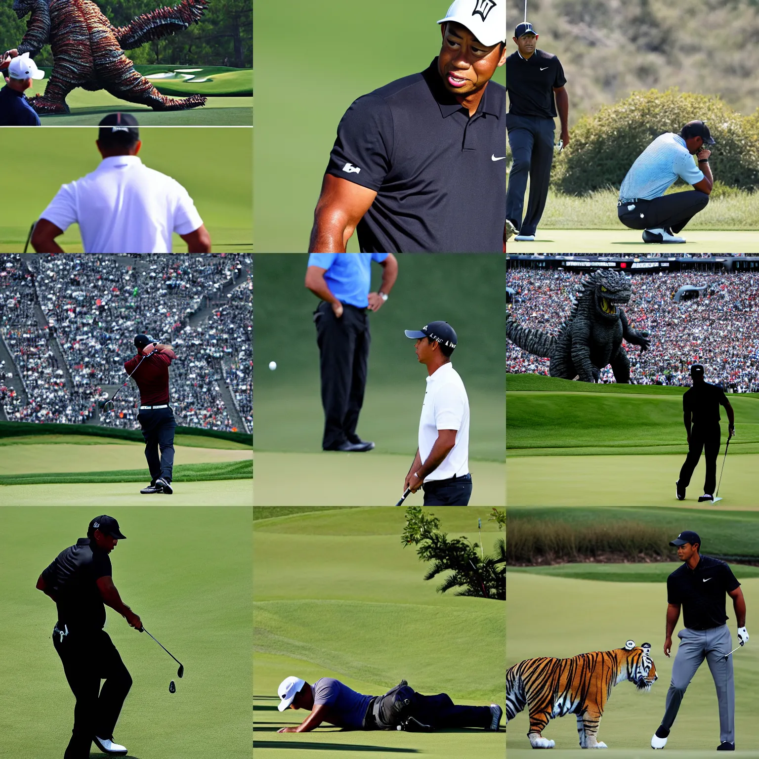 Prompt: telephoto zoom, nikon, godzilla providing moral support, pro golfer tiger woods, on the field