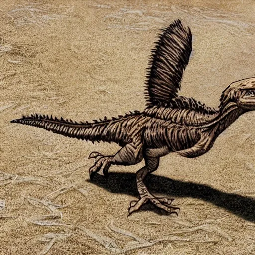 Image similar to a photograph of a velociraptor with feathers