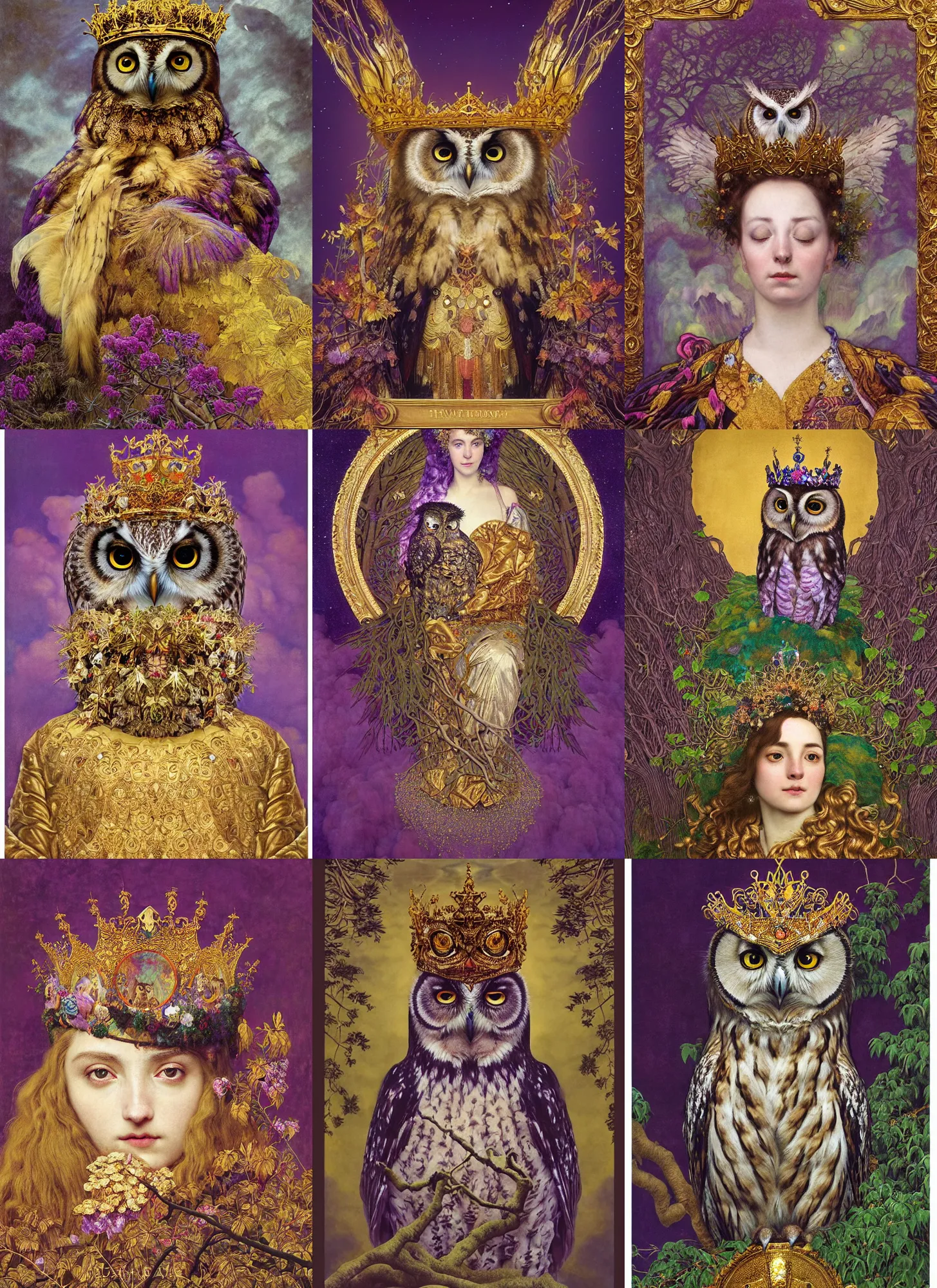Prompt: “A majestic portrait of an owl wearing a crown, on a throne of branches, storm clouds in the background, titian,Sam Spratt,maxfield parrish,gustav klimt, Tom Bagshaw, alphonse mucha, high detail, 8k, intricate ornamental details, intricate, royalty, vibrant iridescent colors, purple pink and gold”