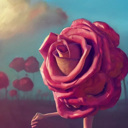 Image similar to closeup, giant rose flower head, frontal, girl in a suit, surreal photography, sunrise, dramatic light, impressionist painting, digital painting, artstation, simon stalenhag