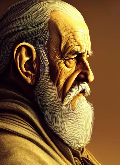 Prompt: side profile centered painted portrait, old man, lord of the rings, tolkien, matte painting concept art, baroque, beautifully backlit, swirly vibrant color lines, fantastically gaudy, aesthetic octane render, 8 k hd resolution, by caravaggio and diego velazquez