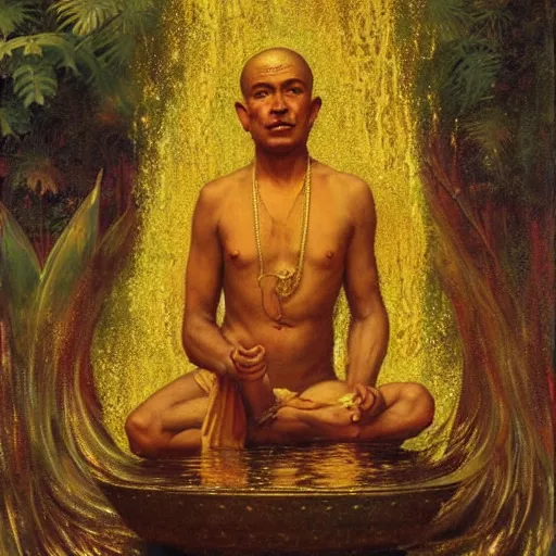 Prompt: highley detailed old srilankan buddhist monk drowning in liquid gold in baroque style, painting by gaston bussiere, craig mullins, j. c. leyendecker, lights, art by ernst haeckel, john william godward, hammershøi,