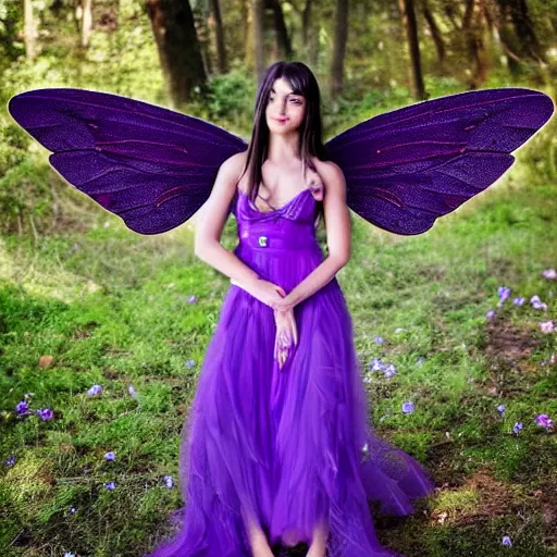 Prompt: very very very beautiful tiny fairy woman in her 20s with fairy wings wearing skintight purple dress, making eye contact, smiling, flirty, perfect body, perfect face, hyperrealistic