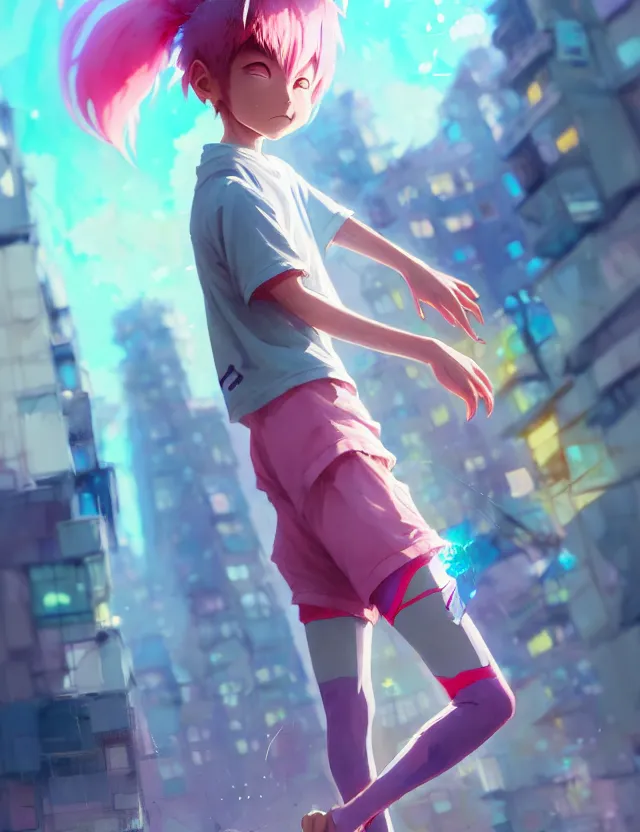 Prompt: a beautiful fullbody portrait of a cute anime boy with pink hairs wearing sport clothing and leggings under shorts barefoot in a city. character design by cory loftis, fenghua zhong, ryohei hase, ismail inceoglu and ruan jia. artstation, volumetric light, detailed, photorealistic, fantasy, rendered in octane