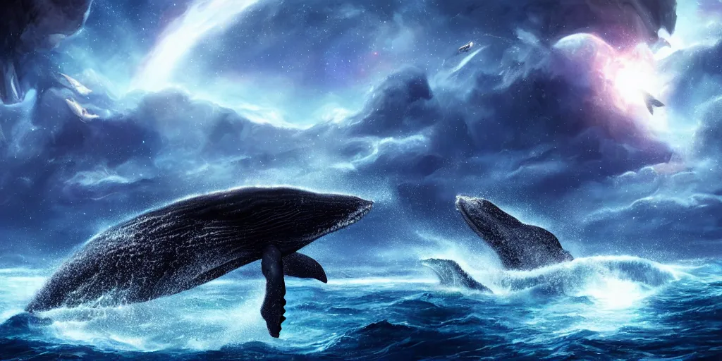 Image similar to a beautiful scenary of a fantasy world of a giant humpback whale on galaxy with the background of planet jupyter, artstationHD, digital painting, hyper detail, elegant, cinematic, epic lighting, very very very very beautiful scenery