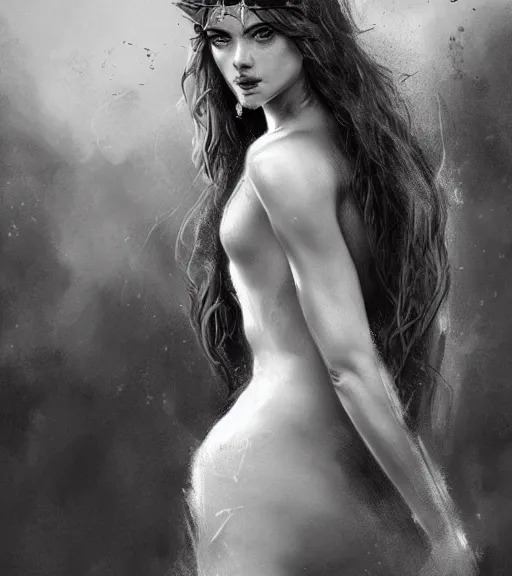 Image similar to beautiful young aphrodite goddess, archer, realistic face, beautiful piercing eyes, black and white drawing, in the style of greg rutkowski, fantasy, amazing detail, epic, intricate, elegant, smooth, sharp focus