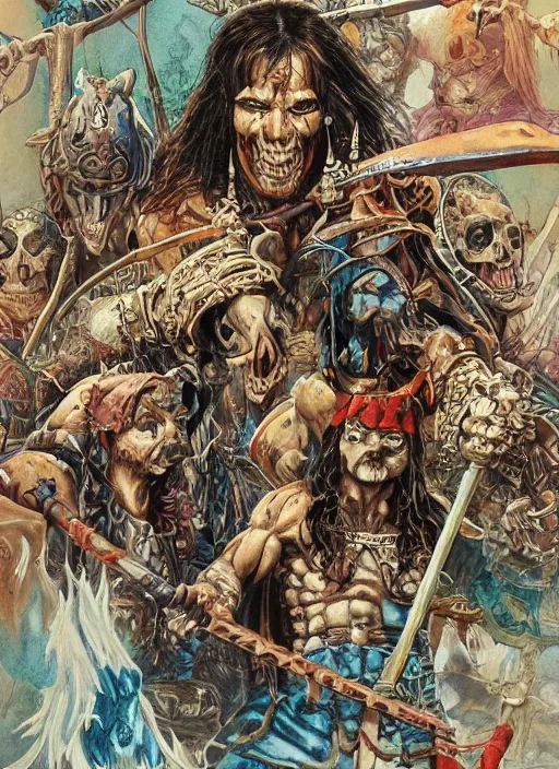 Prompt: A full-color airbrushed, ultra-detailed, hyperrealistic, photorealistic, mixed media, fineliner illustration of Conan the barbarian fighting skeleton warriors, by Glenn Fabry , John Buscema and Bill Sienkiewicz, trending on marvel, trending on artstation