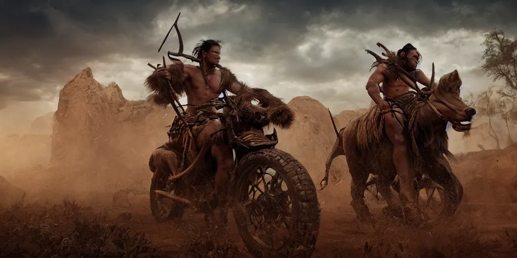 Image similar to an ancient tribesman driving an ancient motorcycle, hunting bisons , symmetrical face, muscular body, attacking, chase, action scene, an epic fantasy, dramatic lighting, cinematic, establishing shot, extremely high detail, photorealistic, cinematic lighting, artstation, octane render, western,old photo, vintage