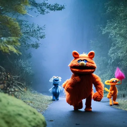 Prompt: a large orange kitsune muppet wearing a dark hooded cloak and herding a bunch of random muppet animals following behind through a dark foreboding misty blue forest, sesame street, photograph, photography, ultrarealistic, national geographic