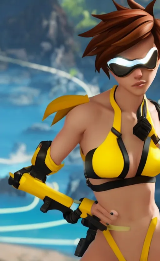 Image similar to tracer game character, in yellow bikini, blonde hair, black eyes, full height