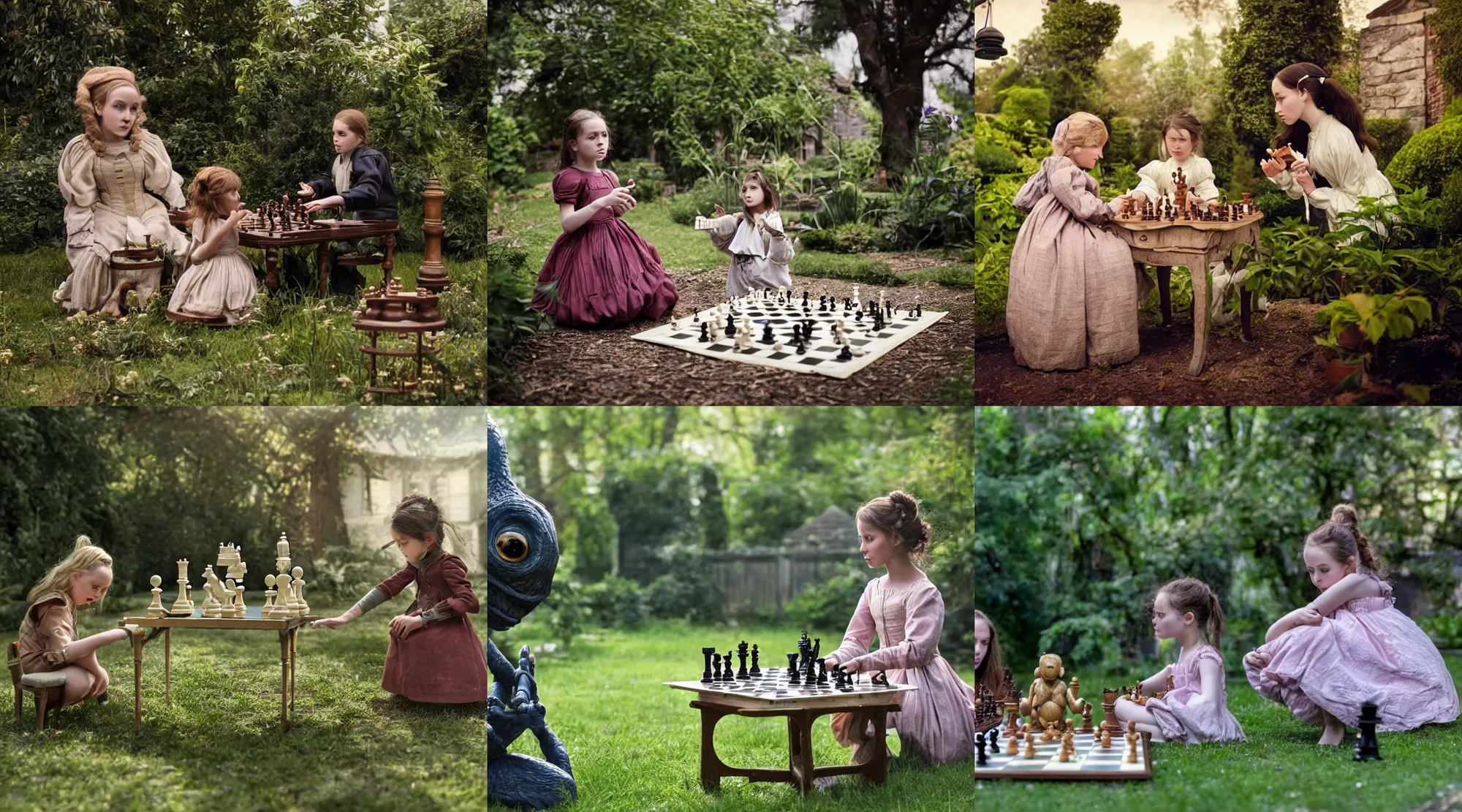 Prompt: still from a sci fi blockbuster movie made in 2022, set in 1860, a girl playing chess with a small cute humanoid alien creature, wearing 1850s era clothes, in a garden of a house, on an alien planet, good lighting, 8k, in focus faces, good quality photography