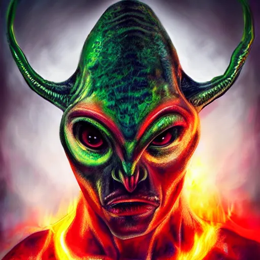 Image similar to realistic alien, medium shot portrait, devil horns,,!!!!! human eyes!!!!!!, green body. red eyes, background flames